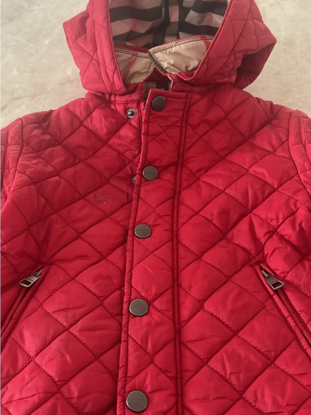 Burberry Red Quilted Hooded Puffer Coat for Kids